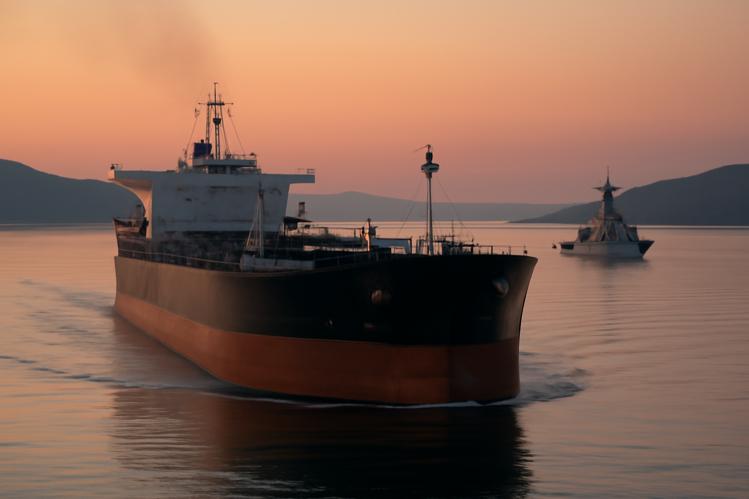 Oil tanker transiting a narrow strait with a naval escort vessel nearby