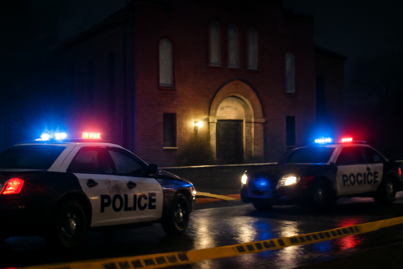 Police vehicles with lights on parked outside a synagogue building at night