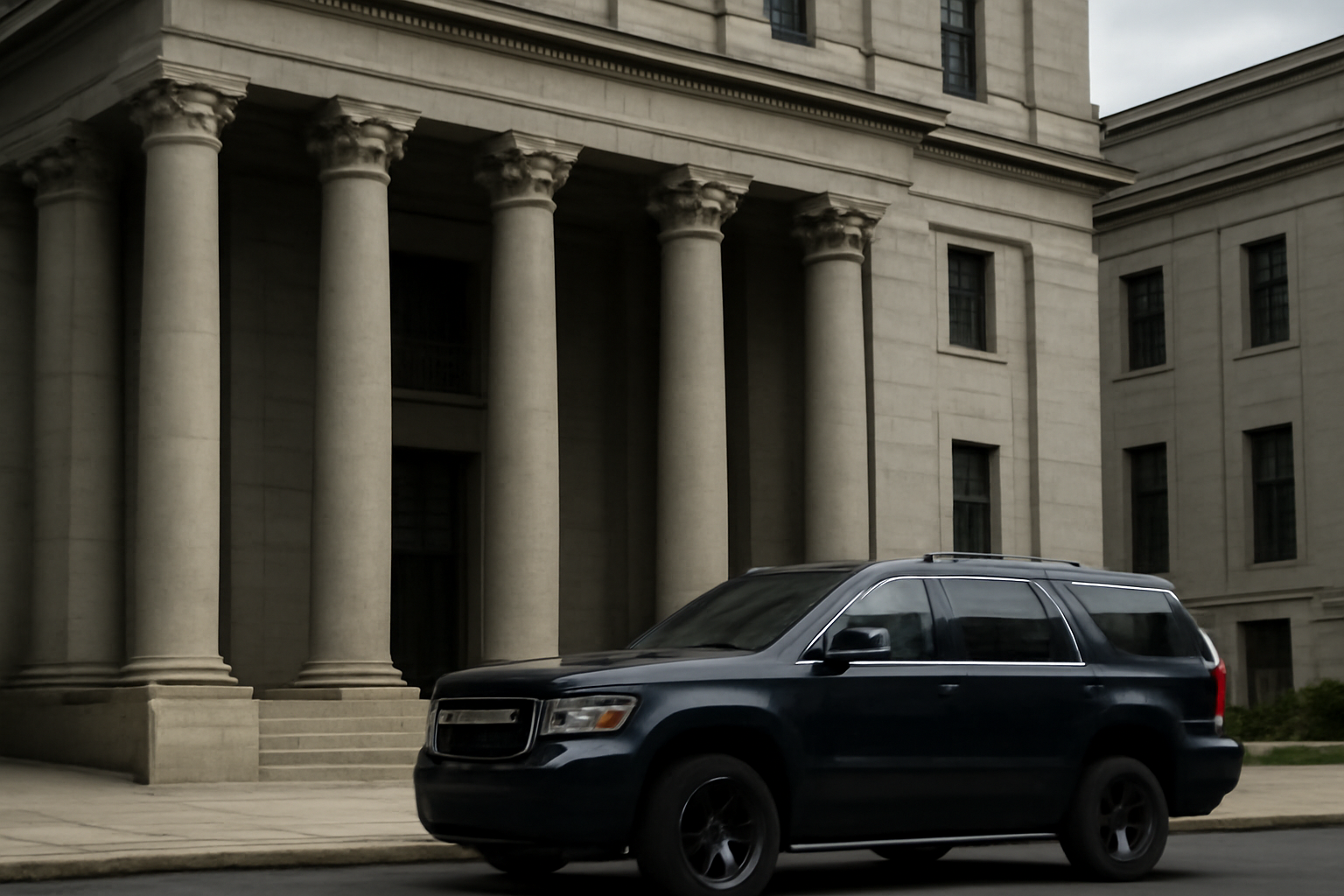 Exterior of a U.S. federal courthouse with a Secret Service vehicle parked nearby under overcast sky