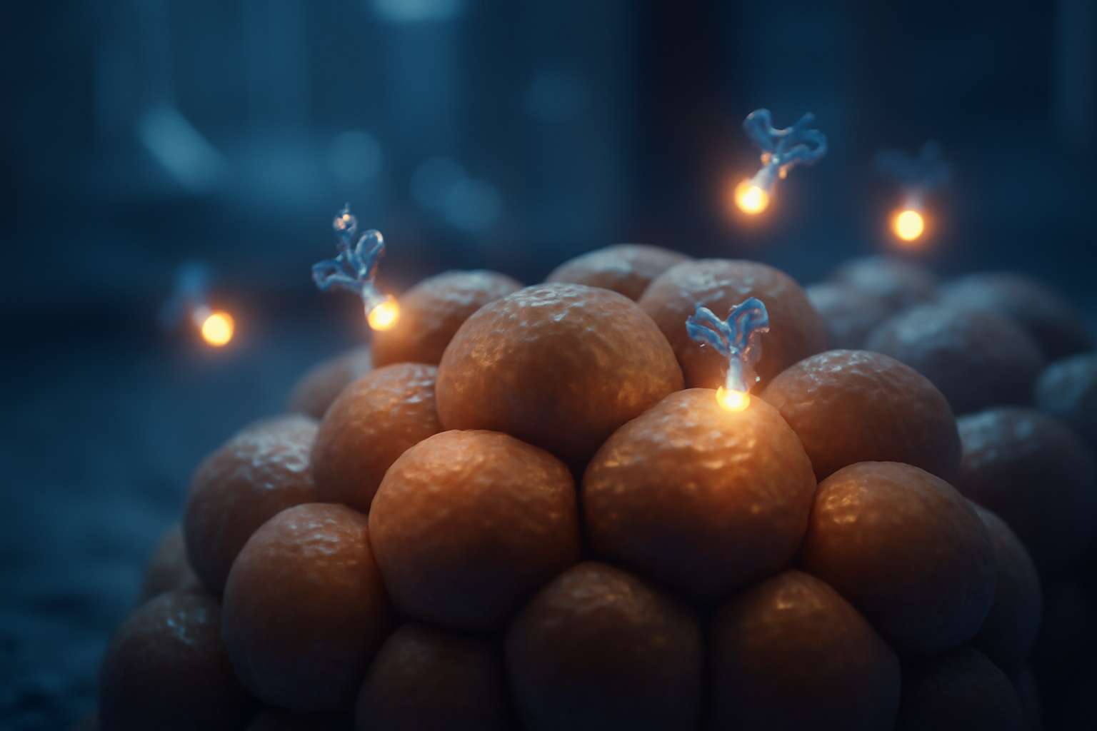 Illustration of insulin molecules binding to receptors on a pancreatic cell