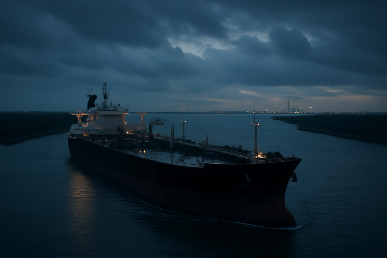 Oil tanker moving through a narrow strait with industrial port cranes in the distance