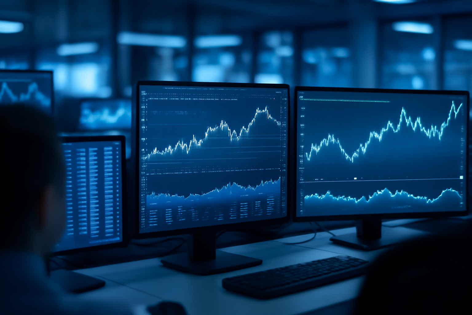 Financial news desk screens showing stock tickers for Humana, T-Mobile and Apple