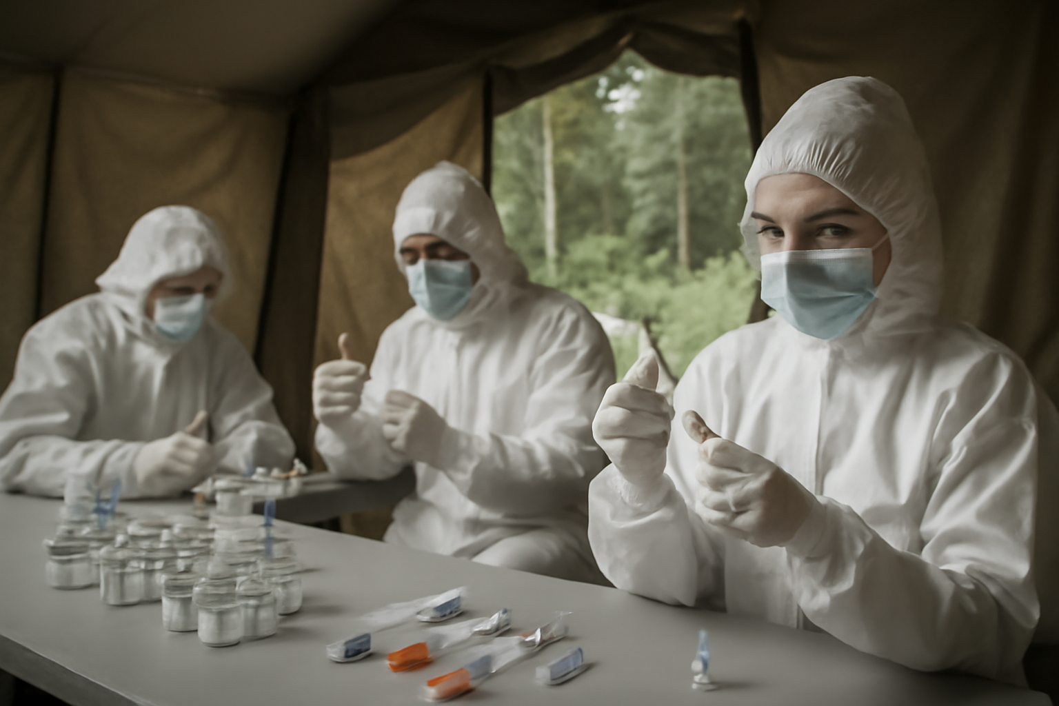 Health workers in full protective gowns and masks preparing vaccine vials at a field clinic in the Democratic Republic of Congo