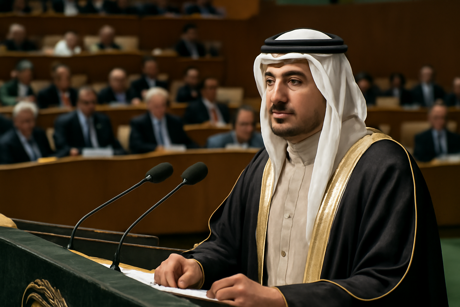 Qatar's prime minister speaking at a podium during a UN General Assembly-adjacent forum in New York