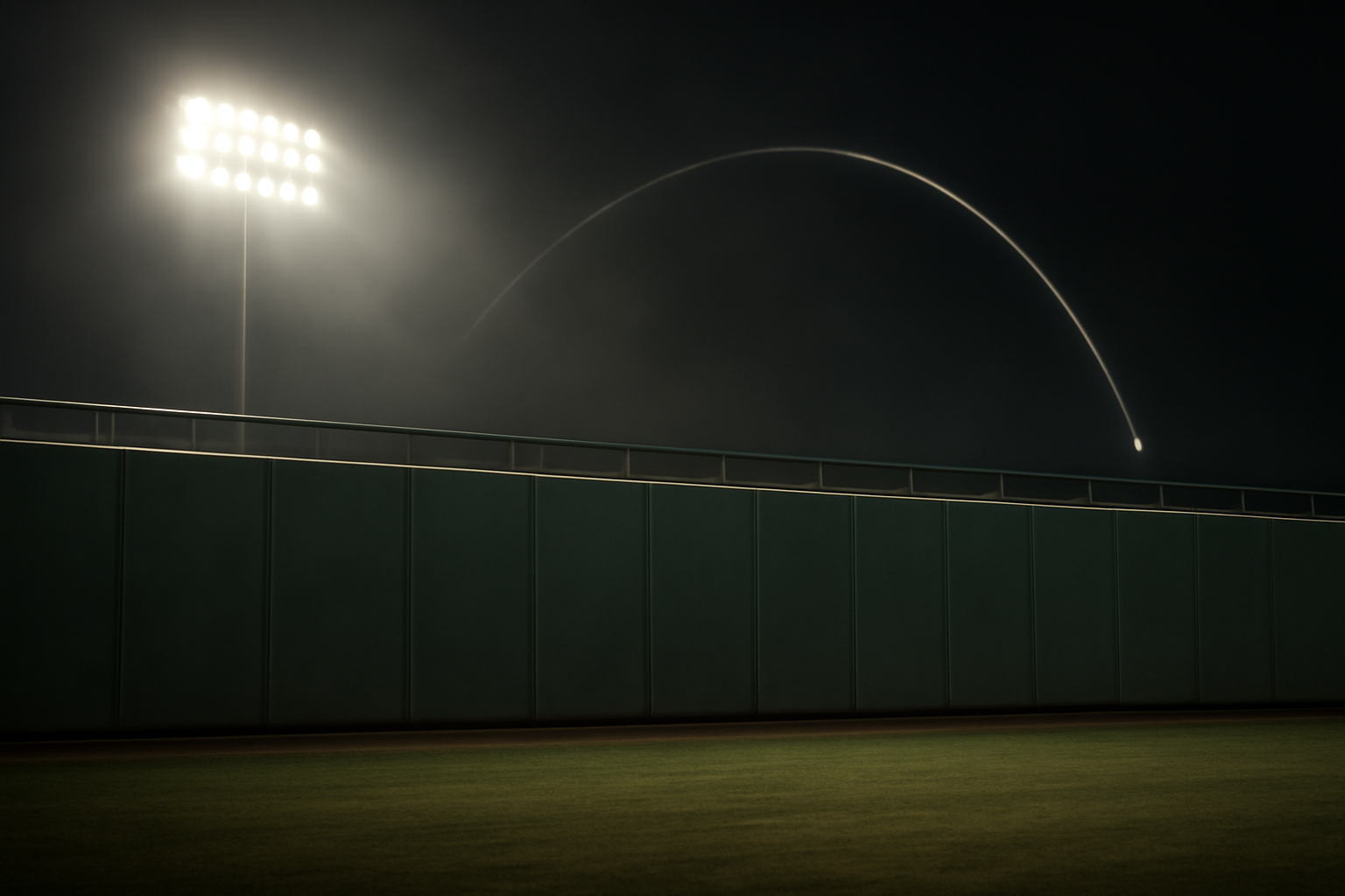 Baseball tracking data overlay showing a fly ball trajectory falling short of a stadium outfield wall
