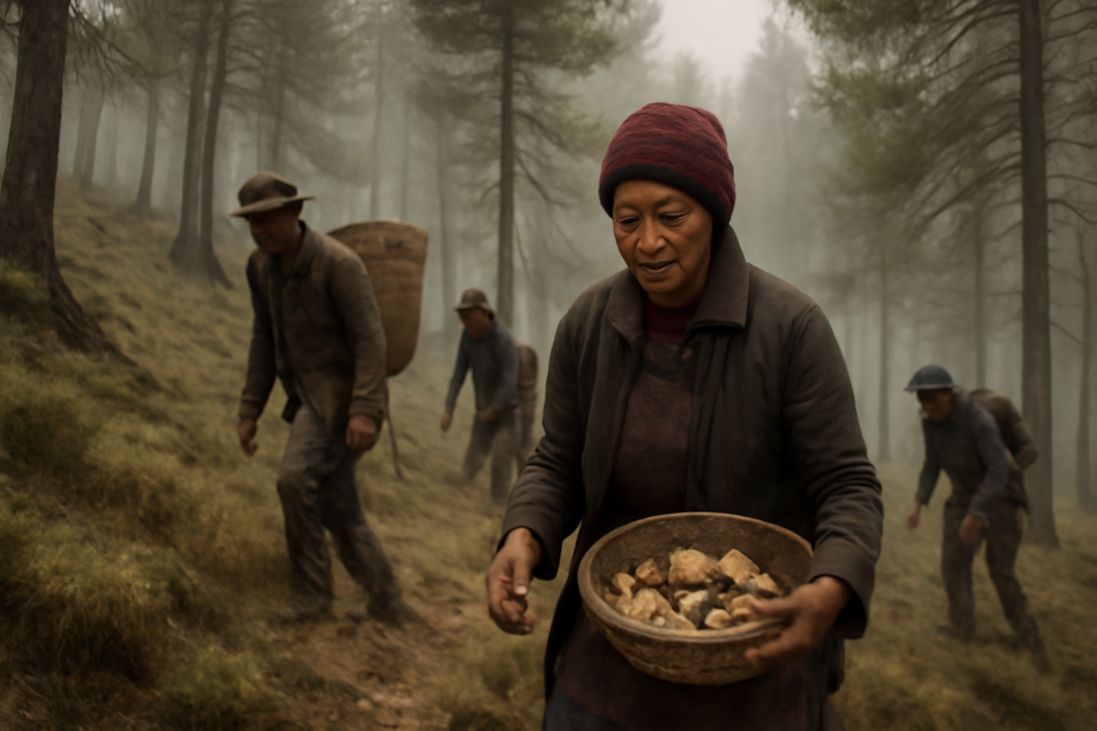 Tibetan foragers searching a misty Himalayan hillside forest near Shangri-La for wild mushrooms