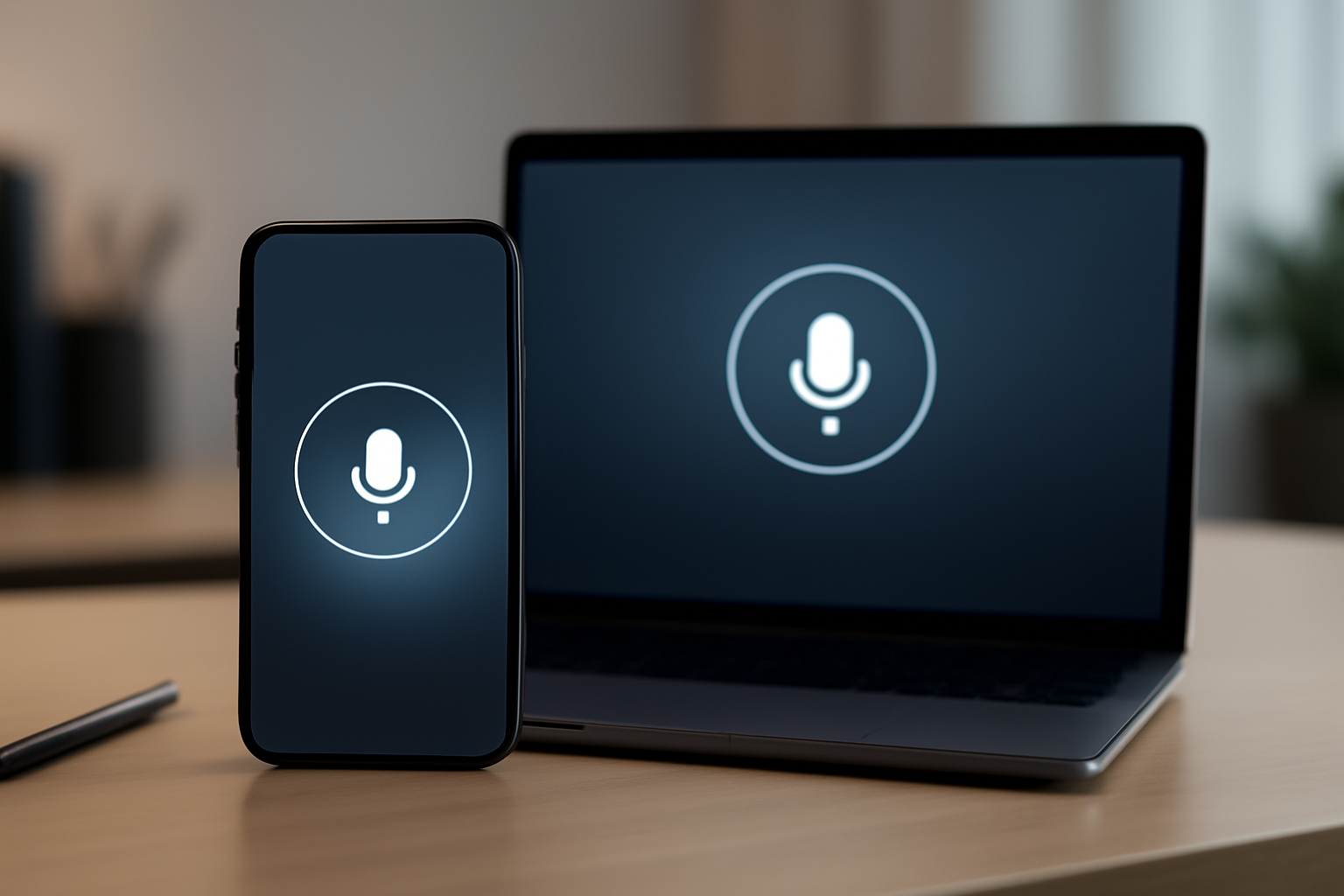 Smartphone displaying an AI assistant app interface next to a laptop on a desk
