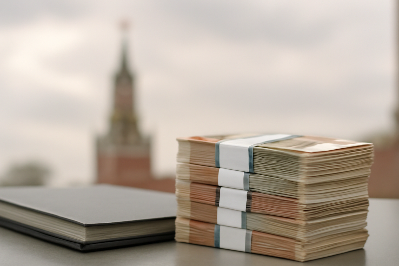 Stacked Russian ruble banknotes beside a closed government budget binder