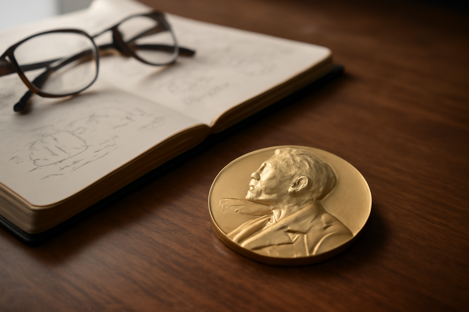 Gold Nobel Prize medal resting on a wooden desk beside an open laboratory notebook