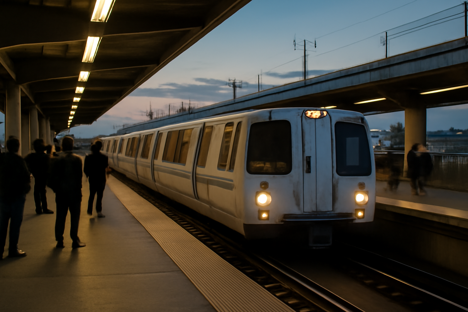 BART commuter train arriving at an elevated Bay Area station platform