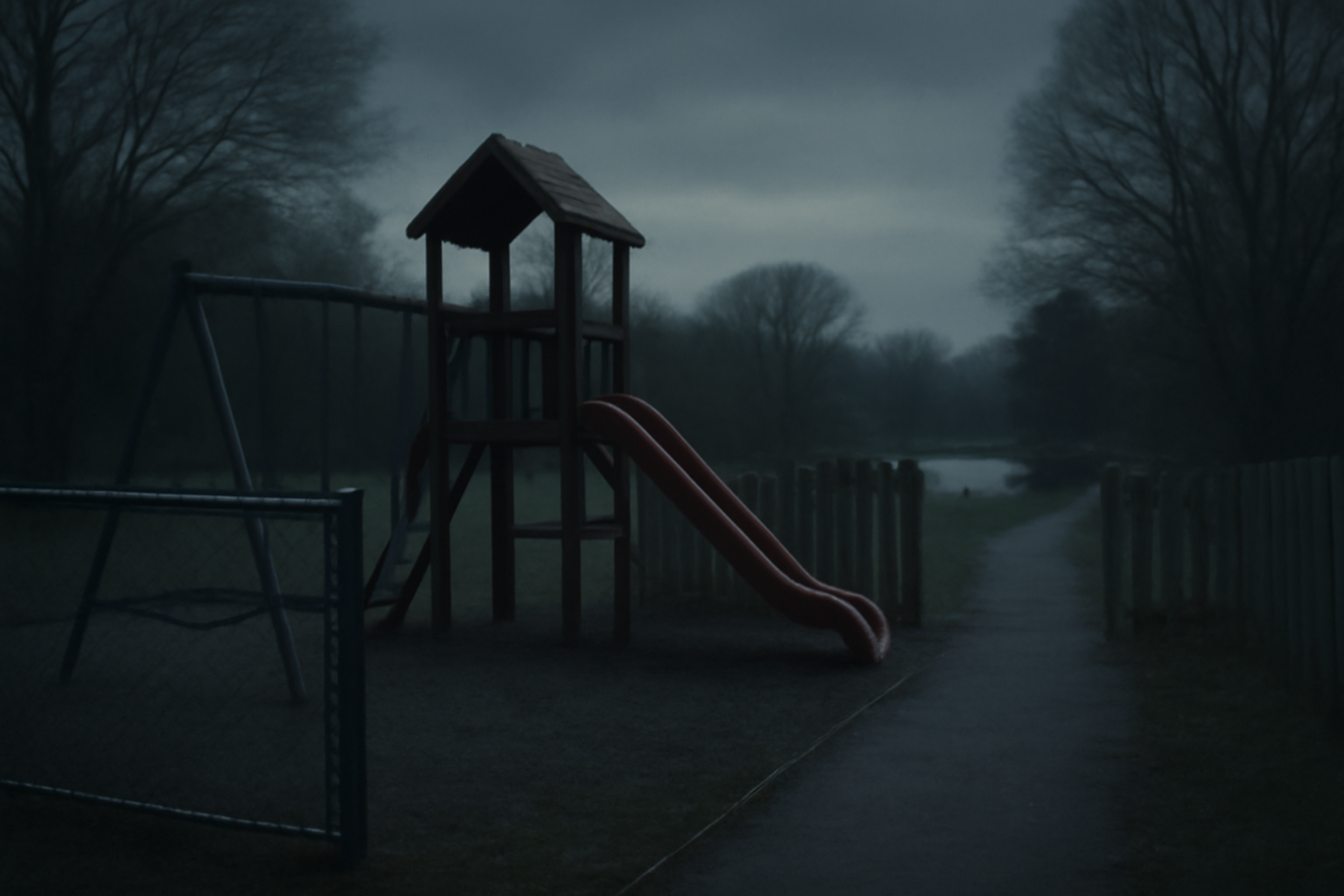 A children's playground fence with a gap leading toward an open path near a pond in a village setting