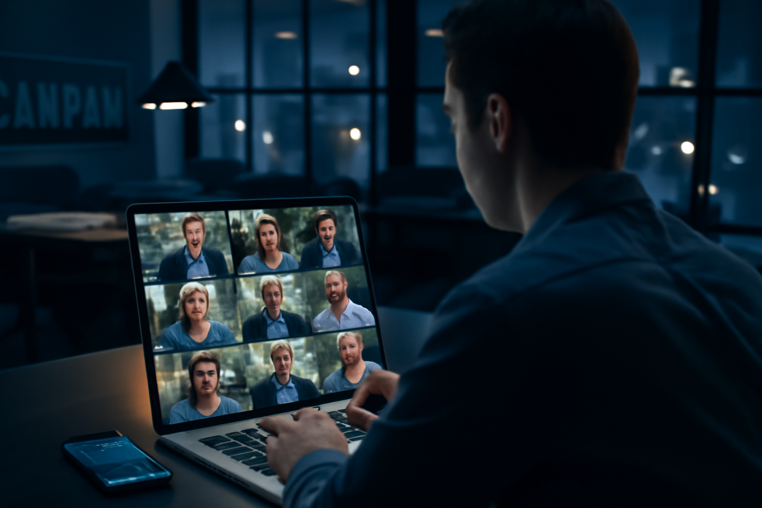 A campaign staffer reviews AI-generated ad drafts on a laptop beside a smartphone showing a chatbot conversation
