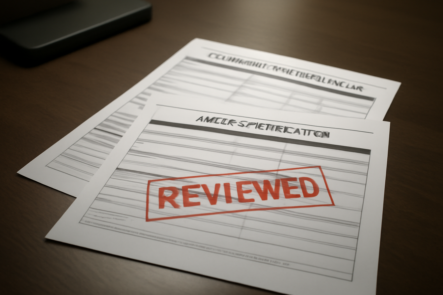 Green card application documents stamped with a federal review notice on a government office desk