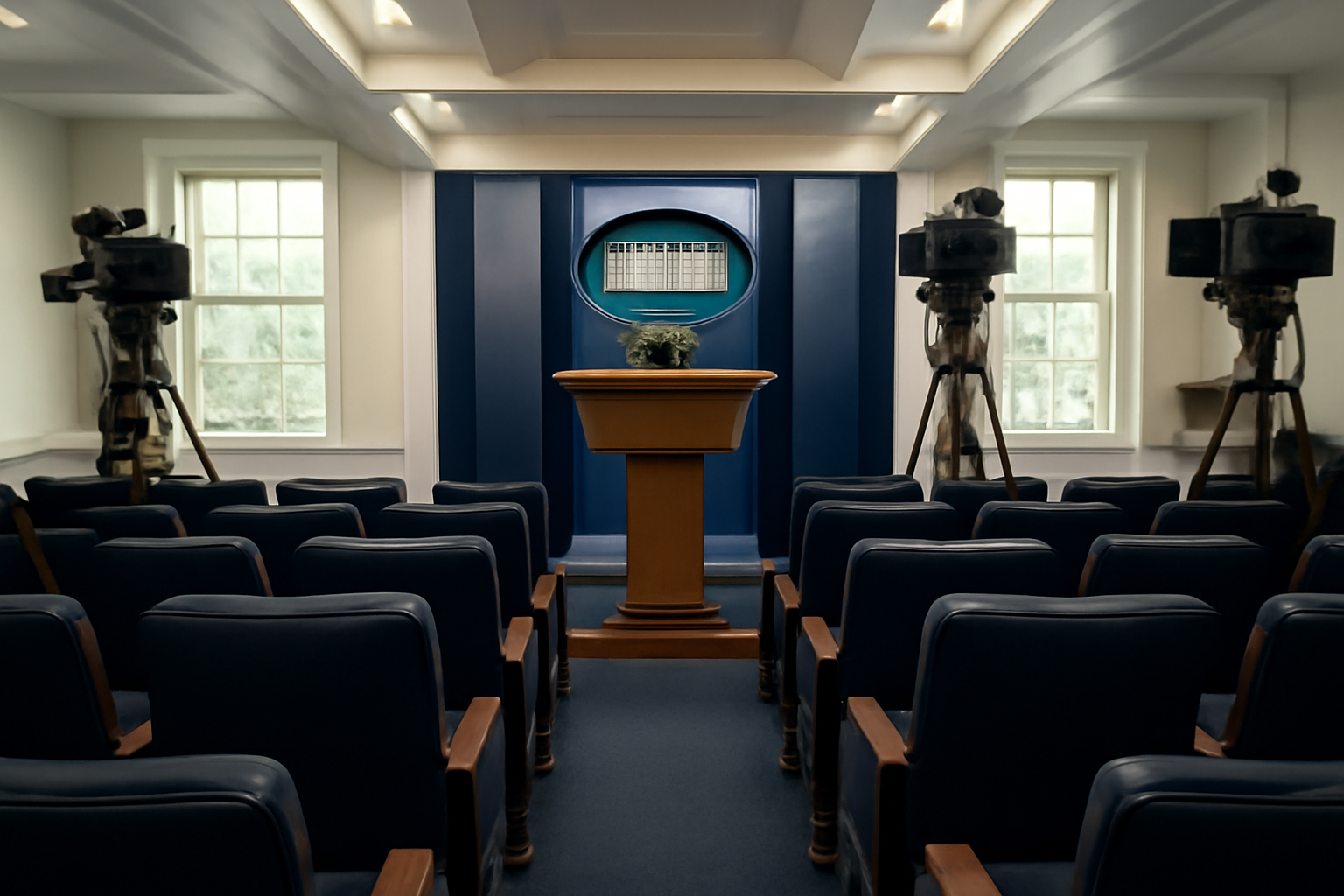 White House press briefing room with empty seats and television cameras set up