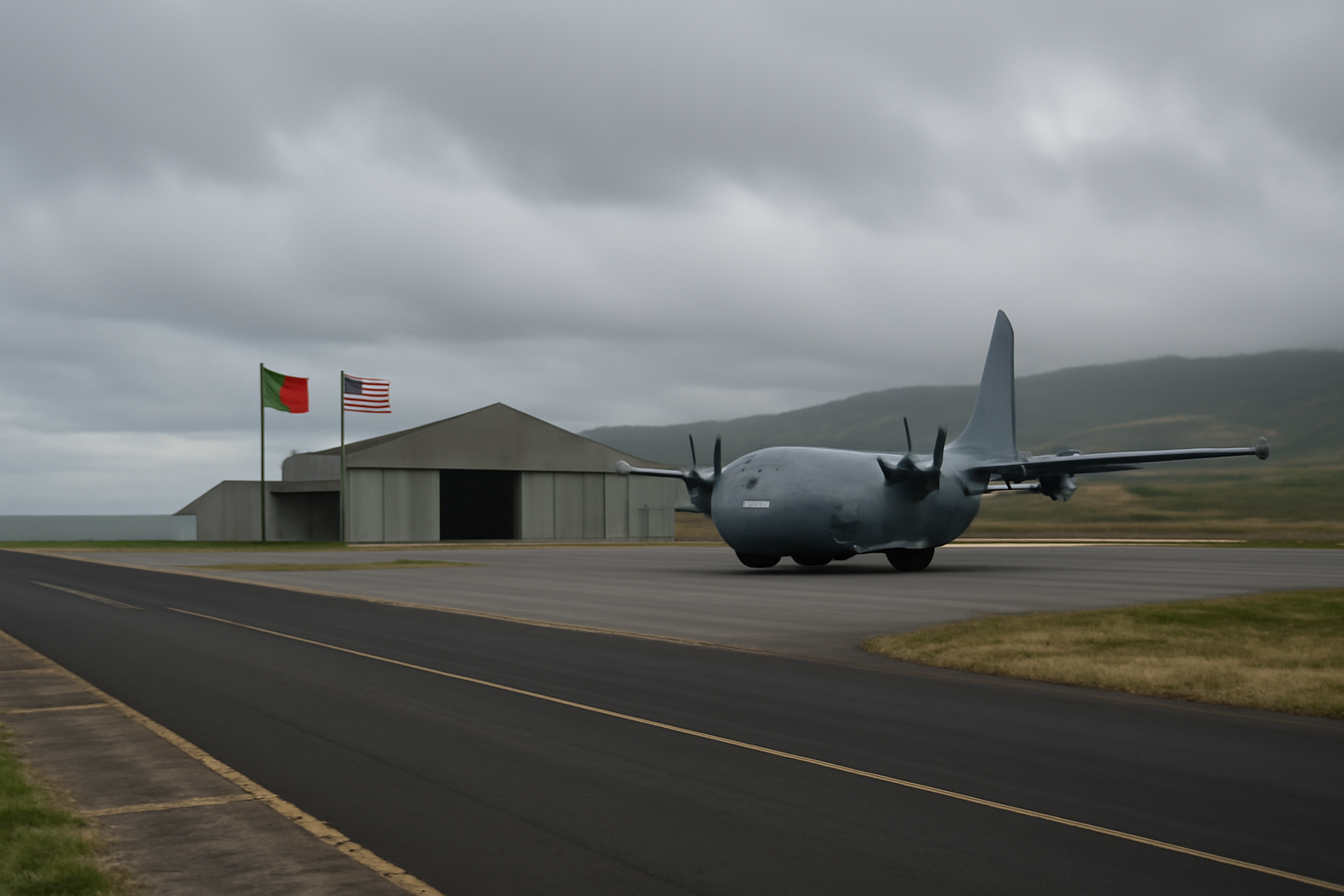 Military transport aircraft parked on a runway at a mid-Atlantic island air base