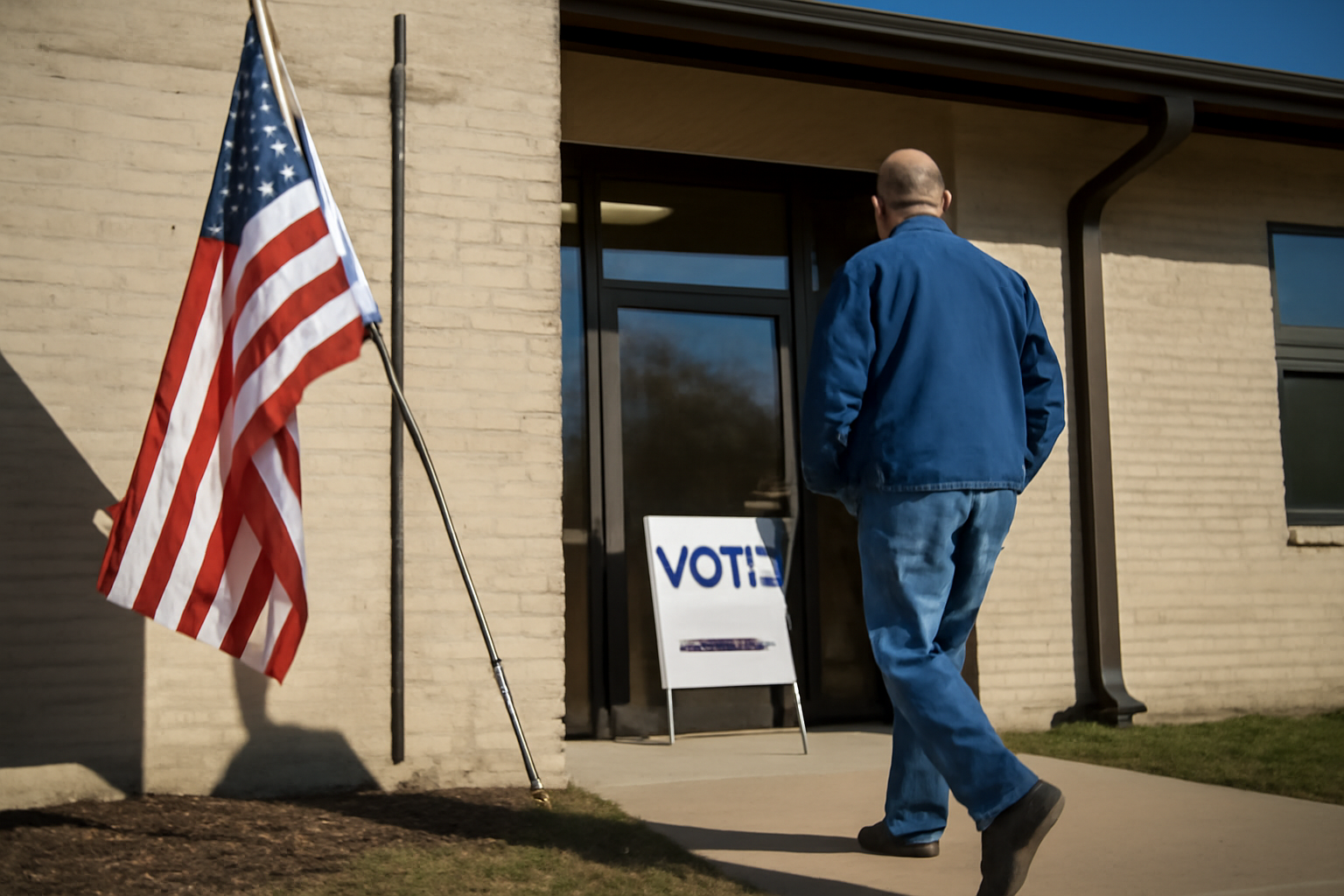 A voter walks toward a polling place entrance on a sunny election day