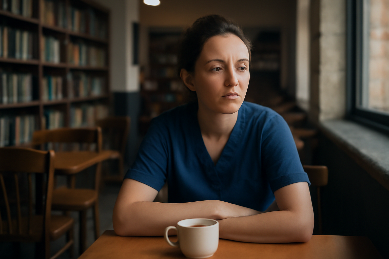 A care worker in scrubs sits at a small table in a library cafe, describing a roadside incident to a listener taking notes.