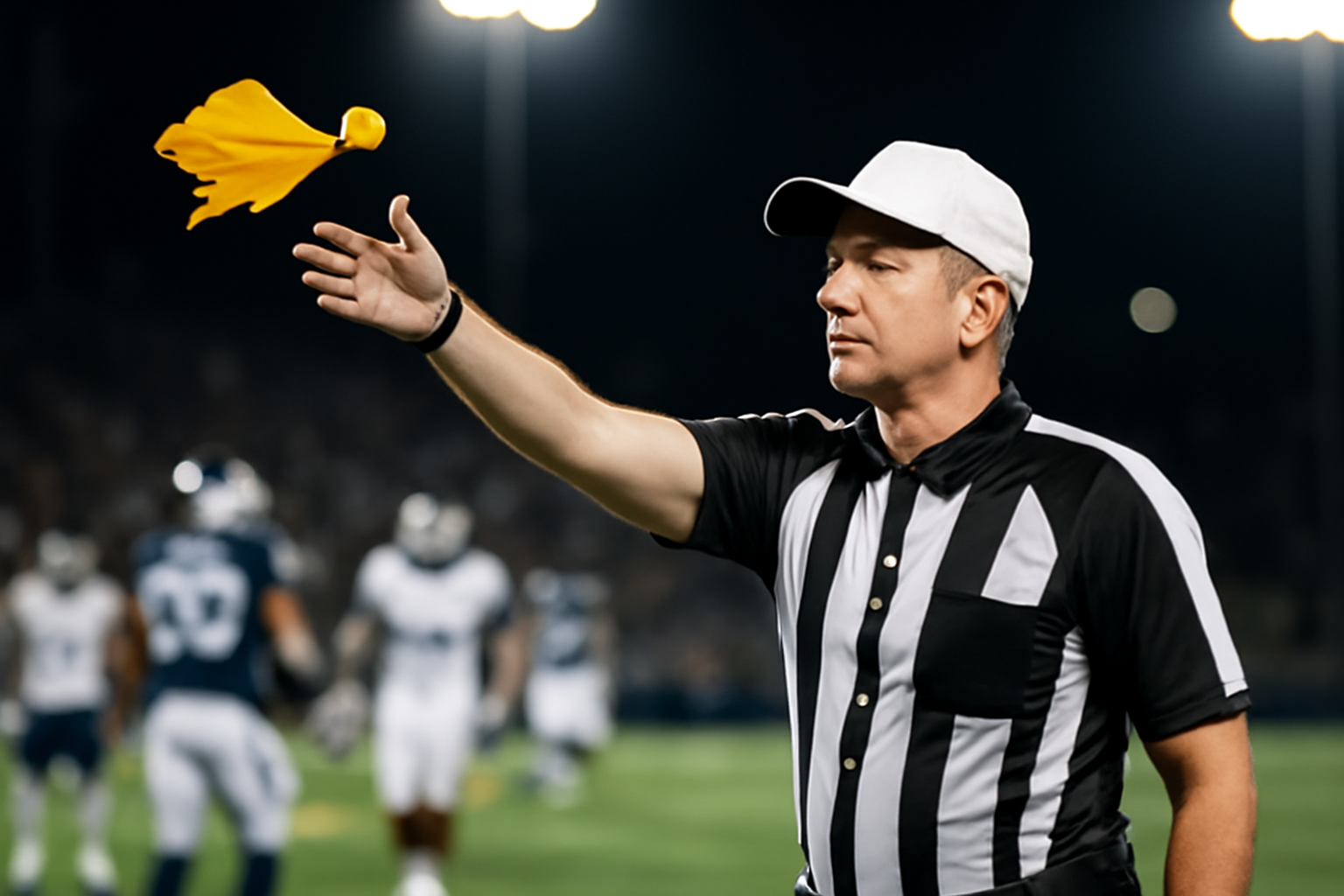 NFL referee signaling a penalty on the field during a game