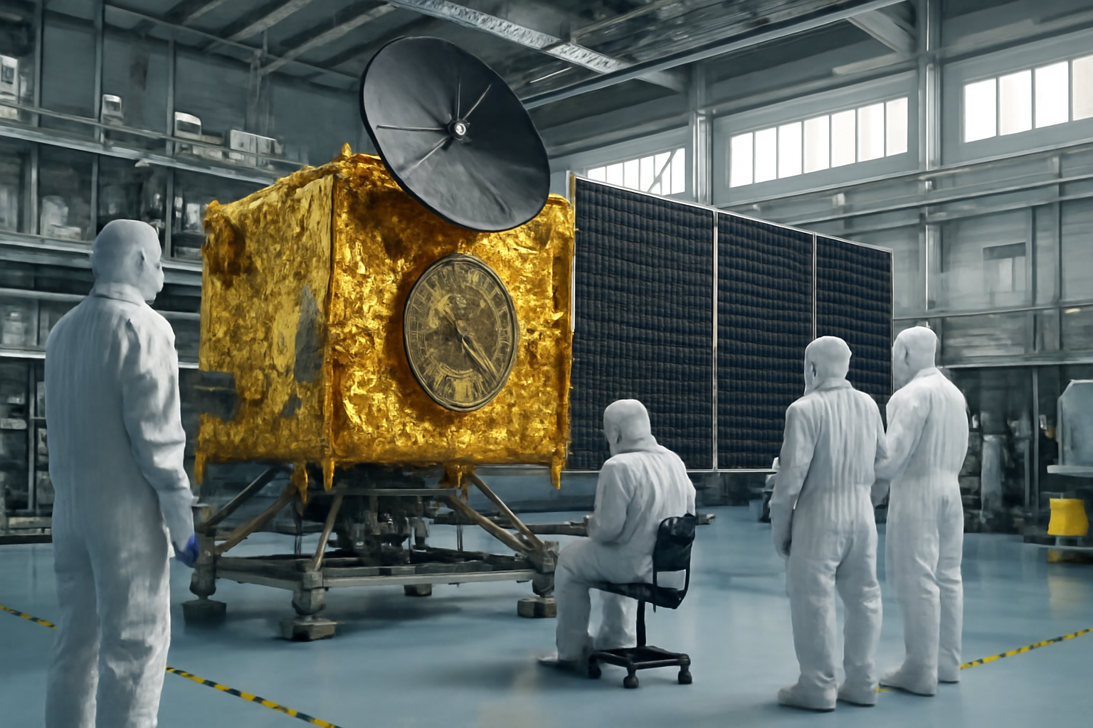 Airbus, Leonardo and Thales corporate logos displayed near a satellite assembly facility