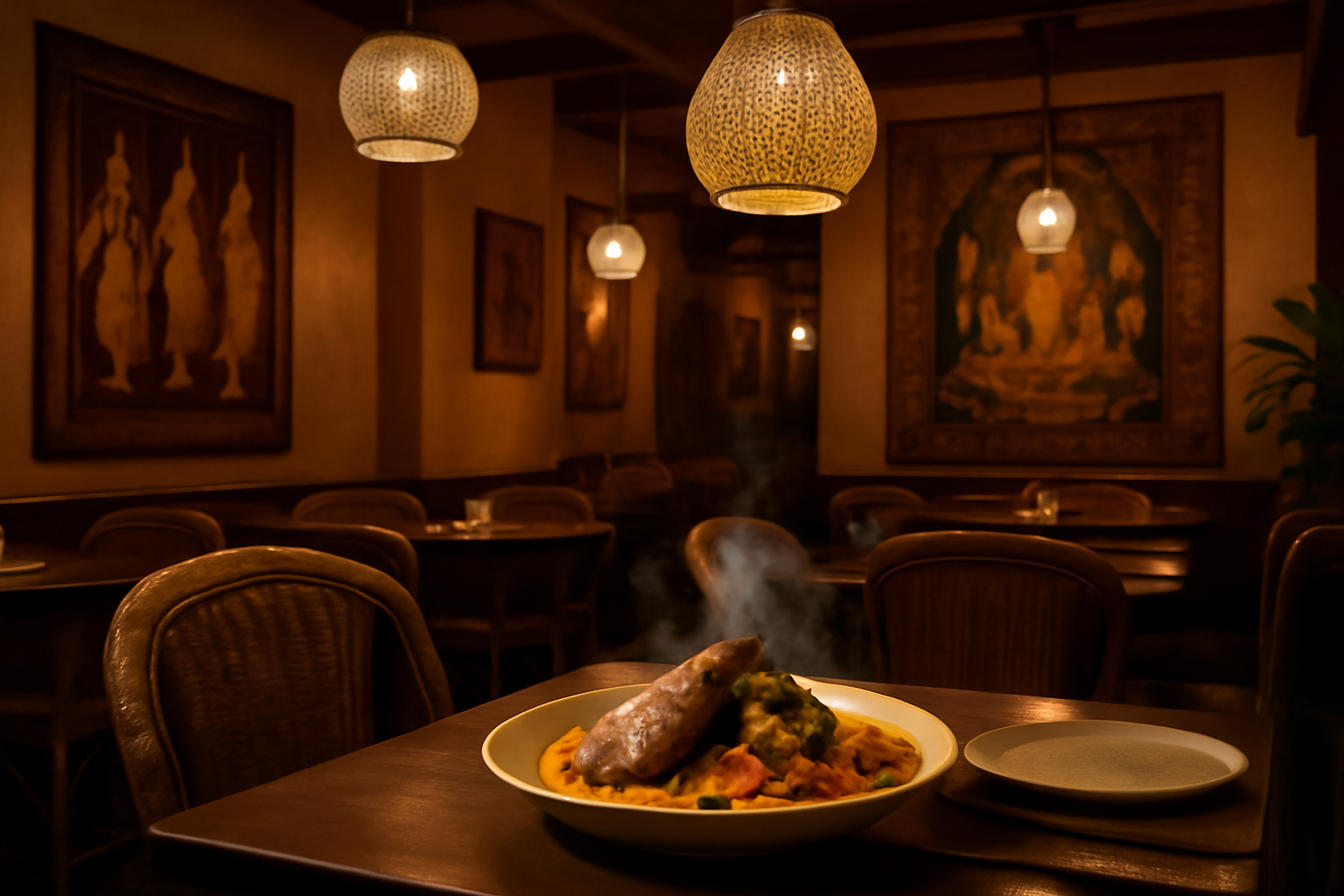 Steaming pineapple duck curry served on a wooden table inside a dimly lit Thai restaurant dining room