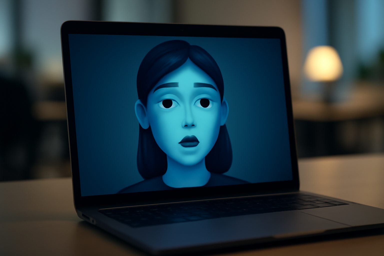 Animated digital avatar face on a laptop screen mid-conversation with lip movement and expression