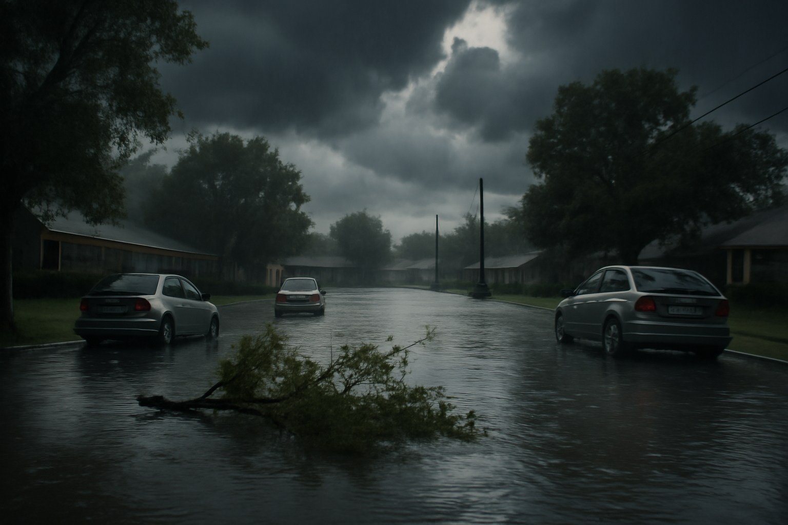 Flooded residential street under dark storm clouds with downed tree limbs after a tropical storm
