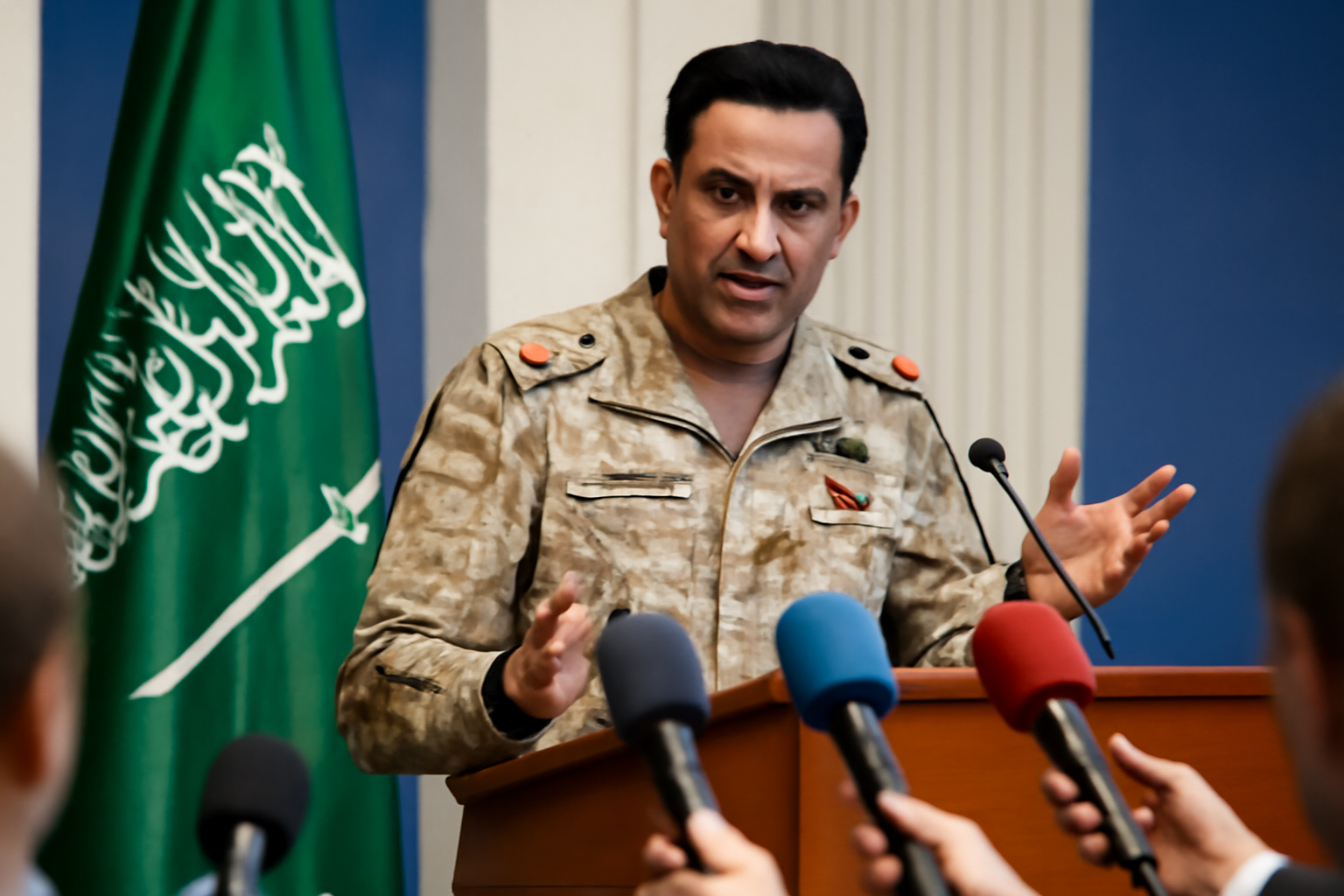 Military spokesman briefing reporters at a podium in Riyadh with a Saudi flag backdrop