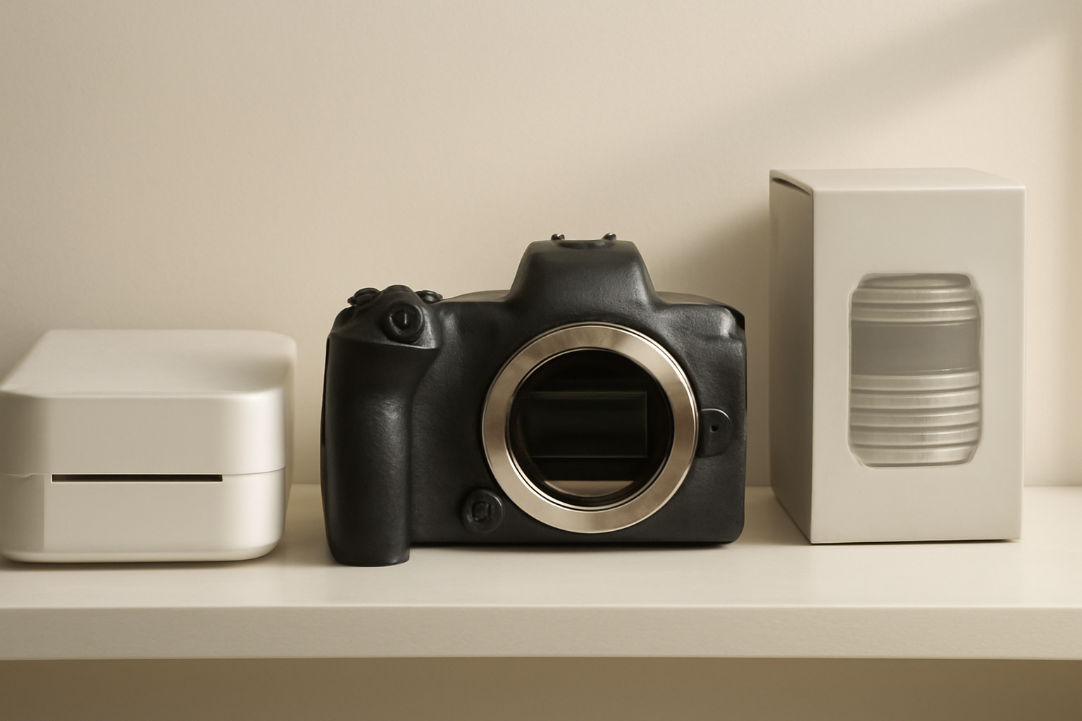 Canon mirrorless camera body displayed on a studio shelf next to a printer and lens kit
