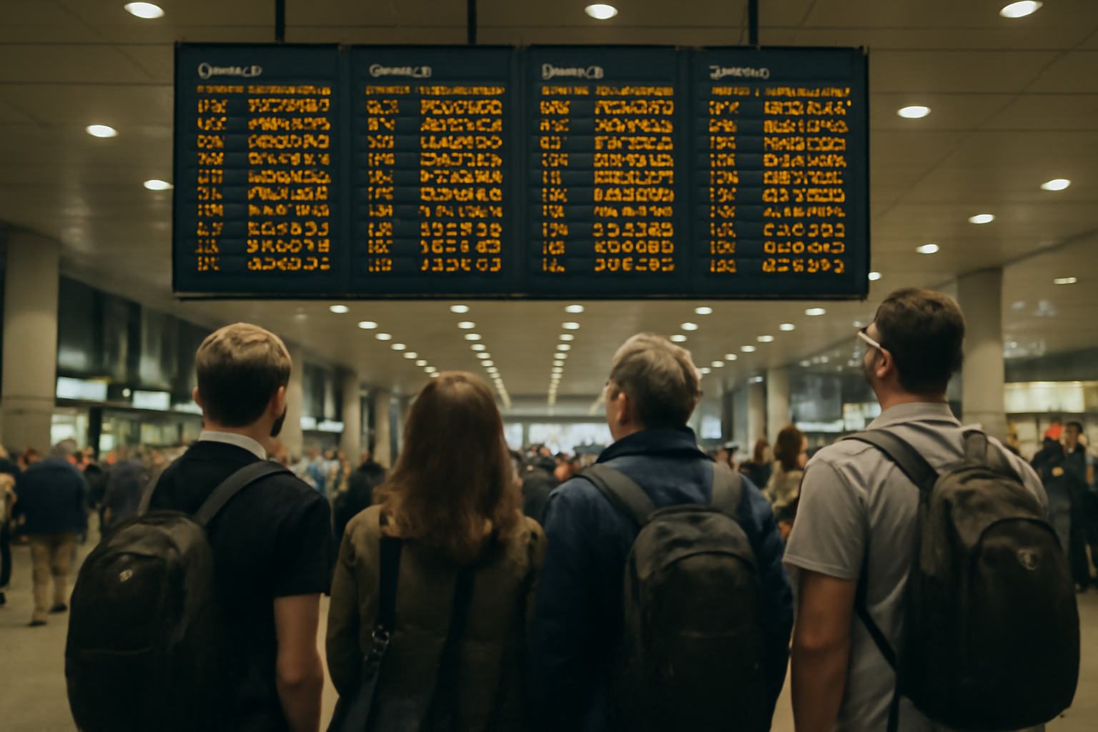 Passengers looking at a departures board showing delayed flights at a Northeast US airport