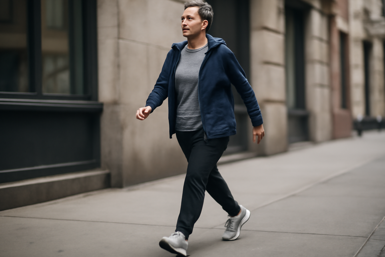 A person walking briskly along a city sidewalk during daytime