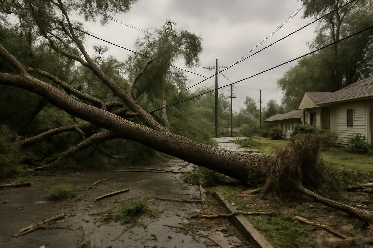 Downed trees and storm debris along a residential street after a hurricane