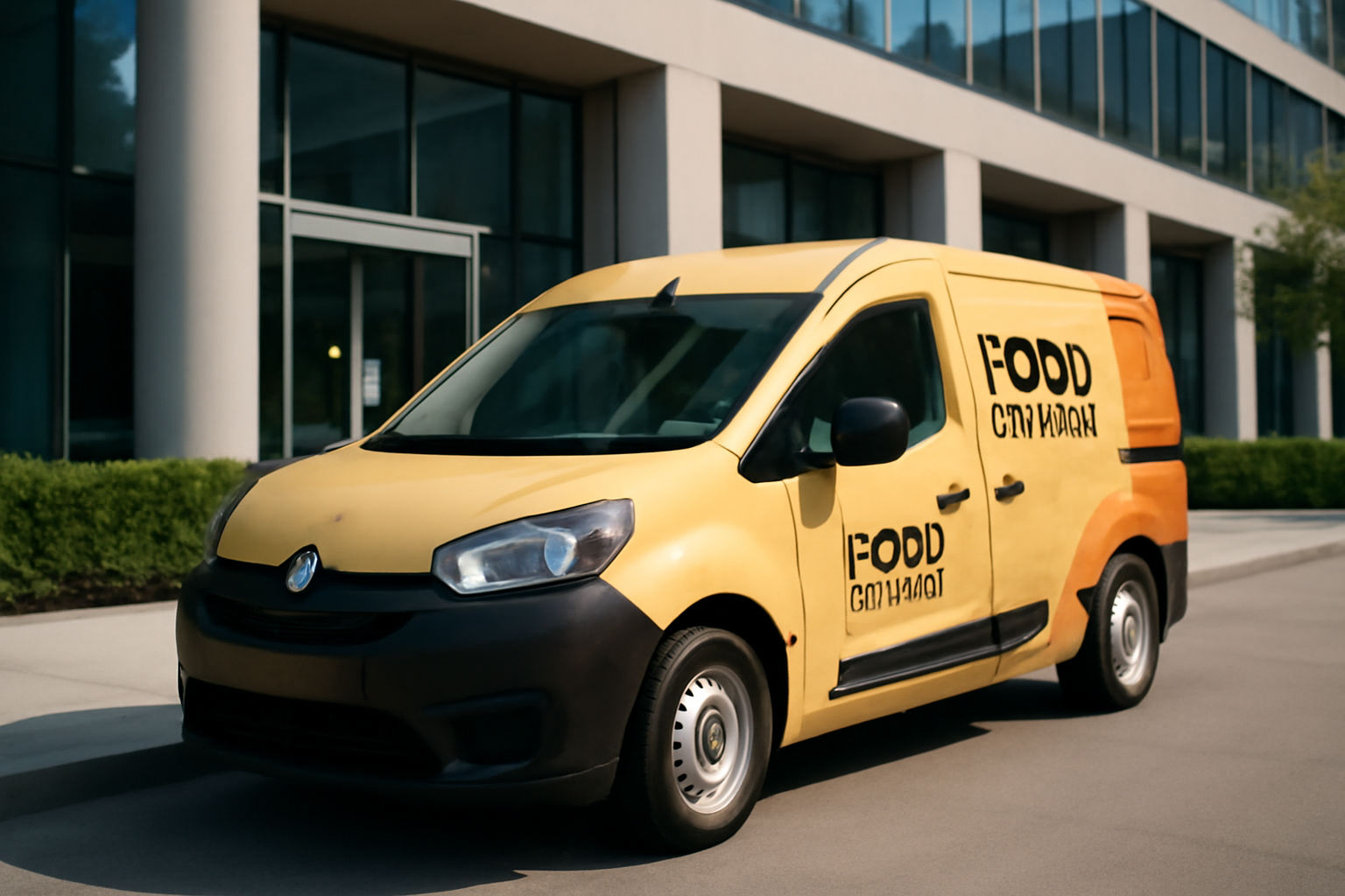 Uber Eats and ezCater delivery vehicles parked outside a corporate office park