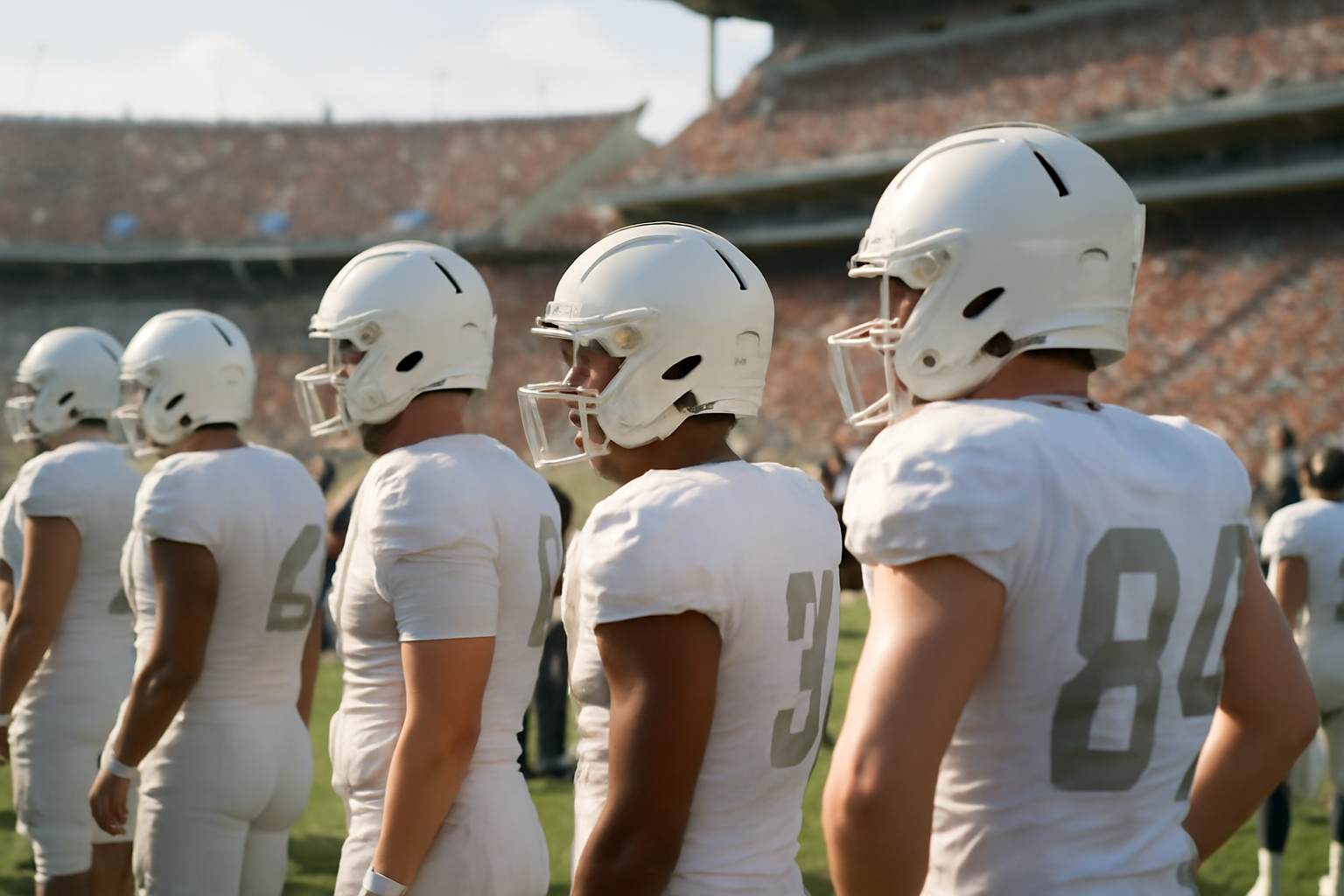 College football players on a sideline during a Saturday afternoon game