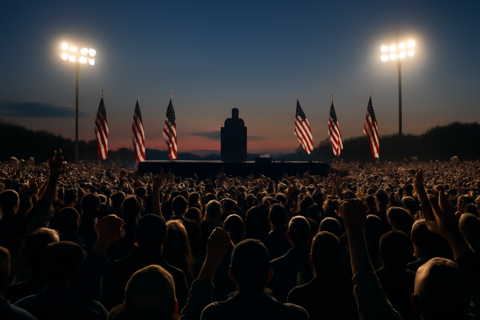 Outdoor campaign rally stage with American flags and a crowd gathered under stadium lighting at dusk