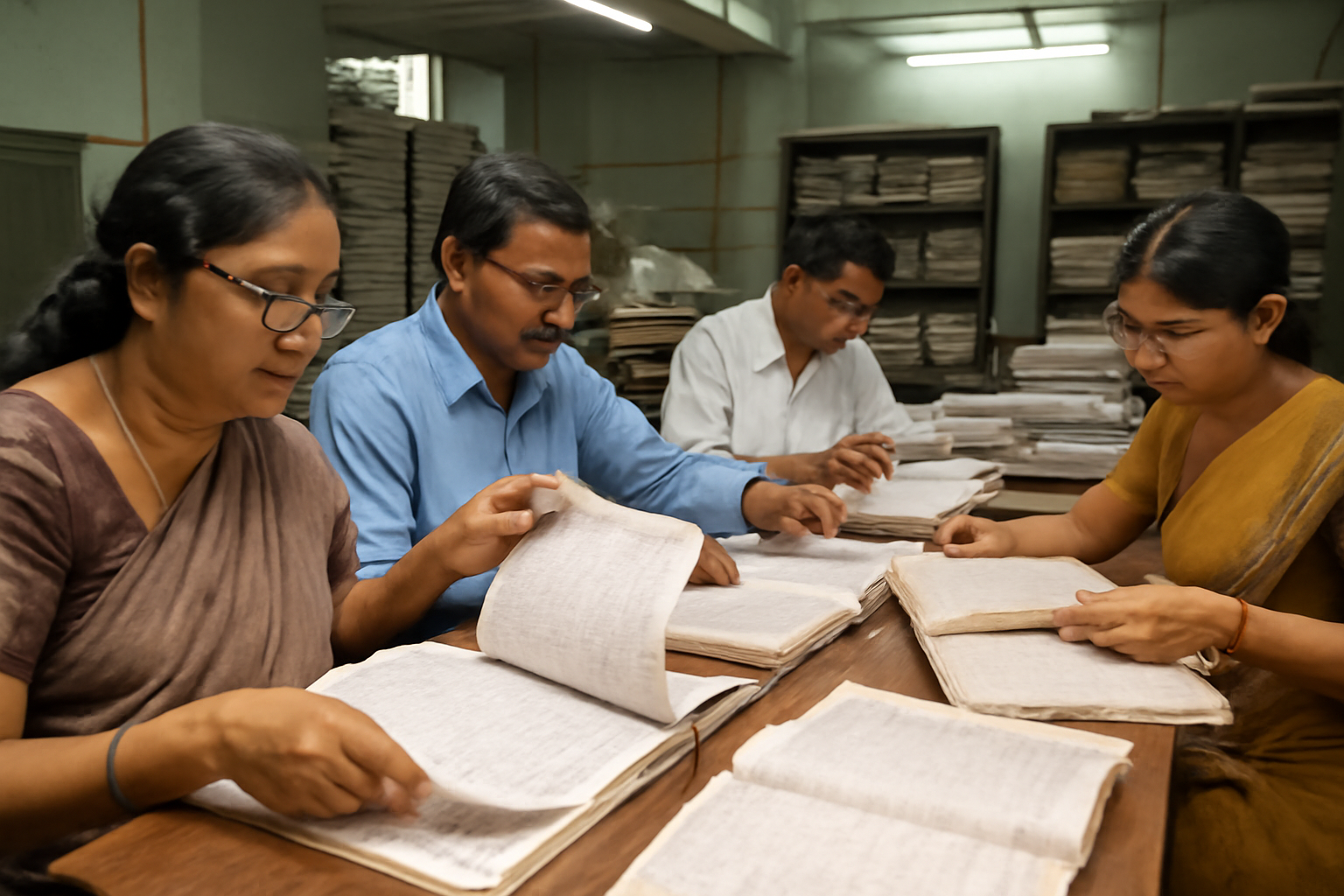 Election workers reviewing paper voter registration lists at a table in an Indian government office