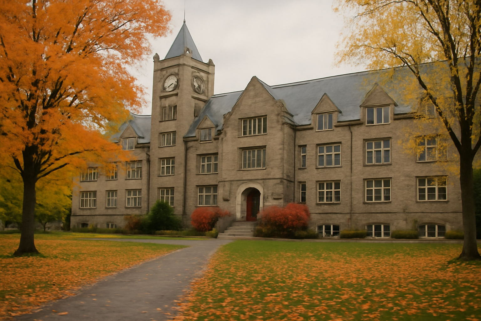 Stone campus buildings and autumn trees on the Cornell University campus in Ithaca, New York