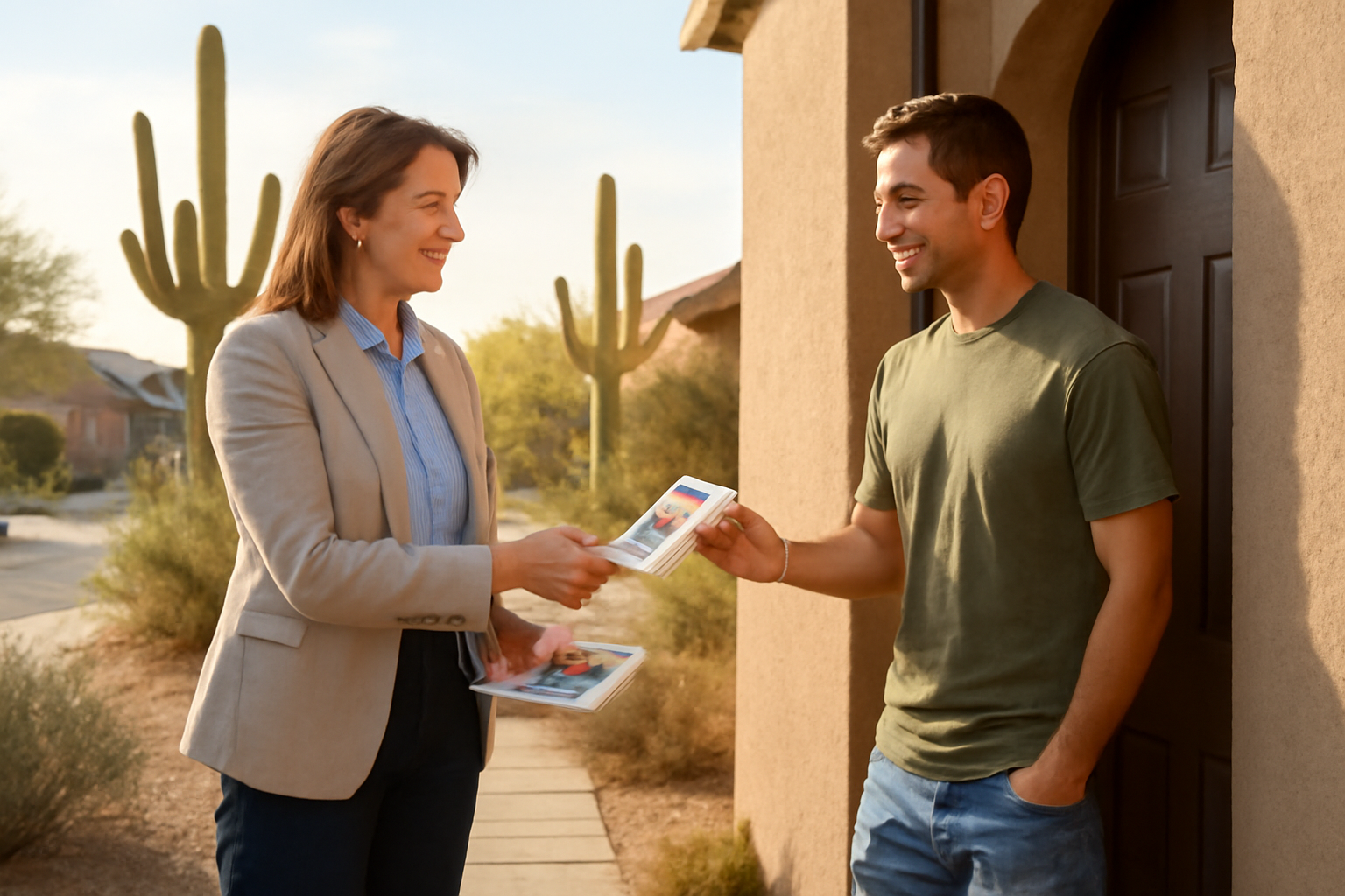 A campaign volunteer hands a pamphlet to a resident on a Tucson doorstep