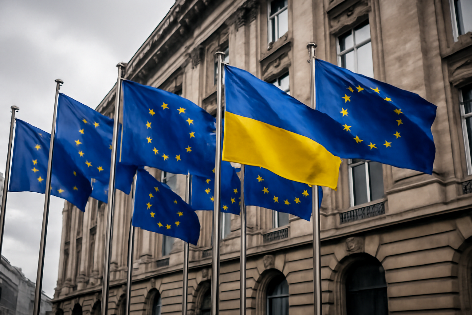 European Union flags and a Ukrainian flag outside a government building in Brussels