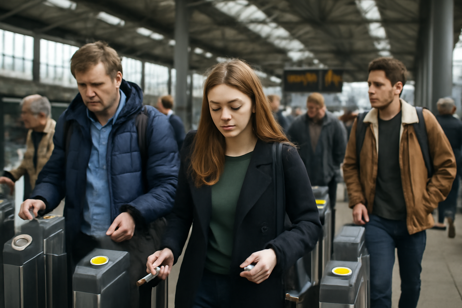 Commuters pass through ticket barriers at a UK railway station platform