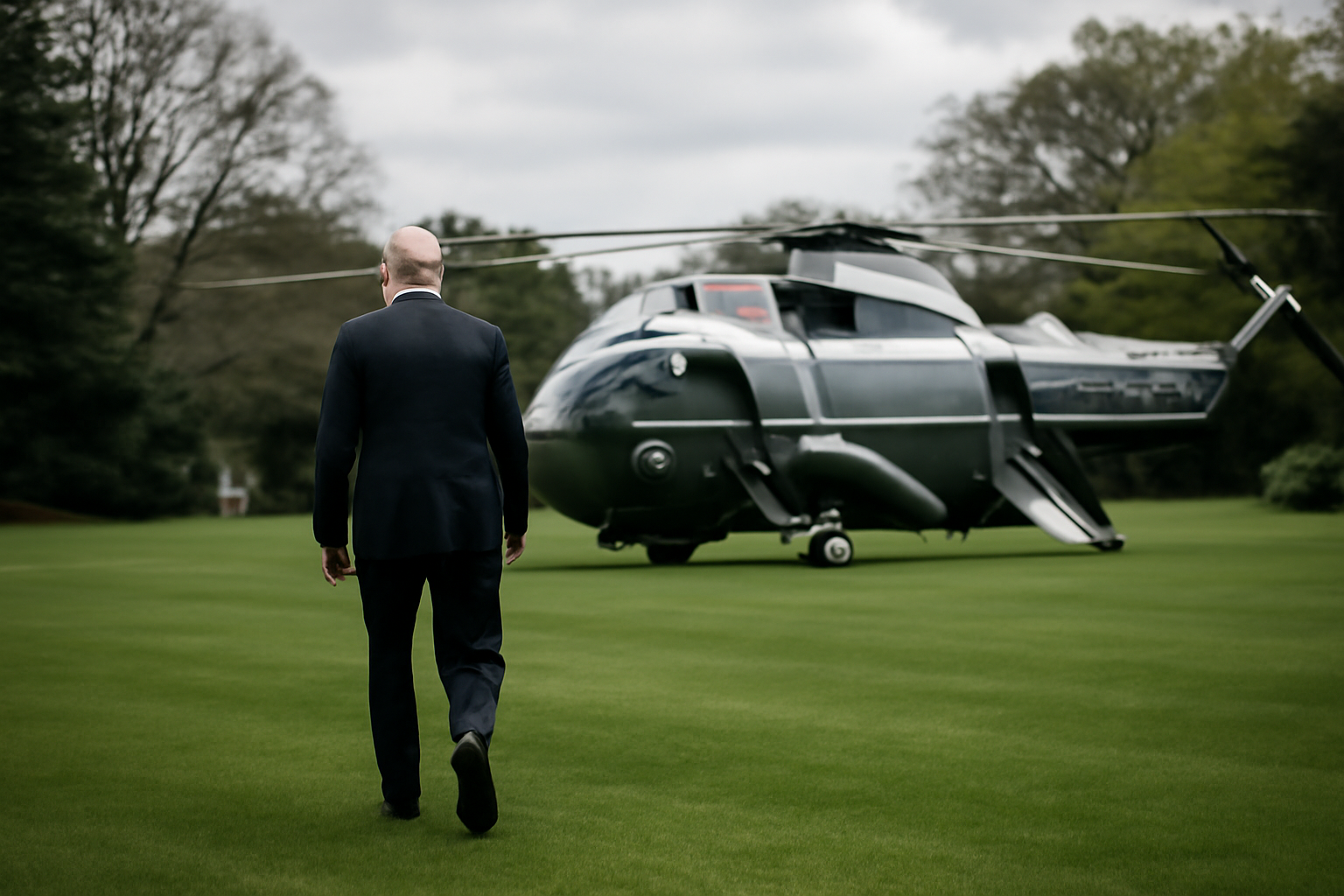 President Donald Trump walking across the White House South Lawn toward Marine One
