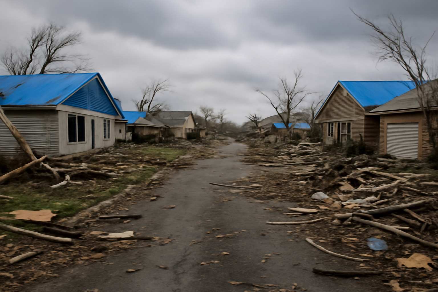 Tornado-damaged homes with blue tarp roofs in north St. Louis neighborhood