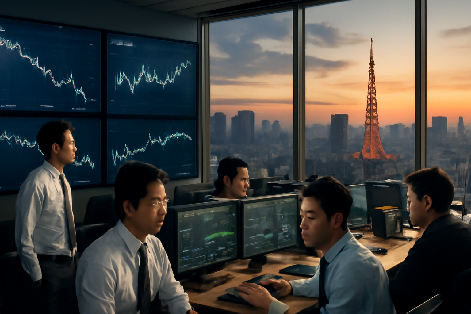 Trading floor monitors displaying oil and gas price charts during an Asian market open