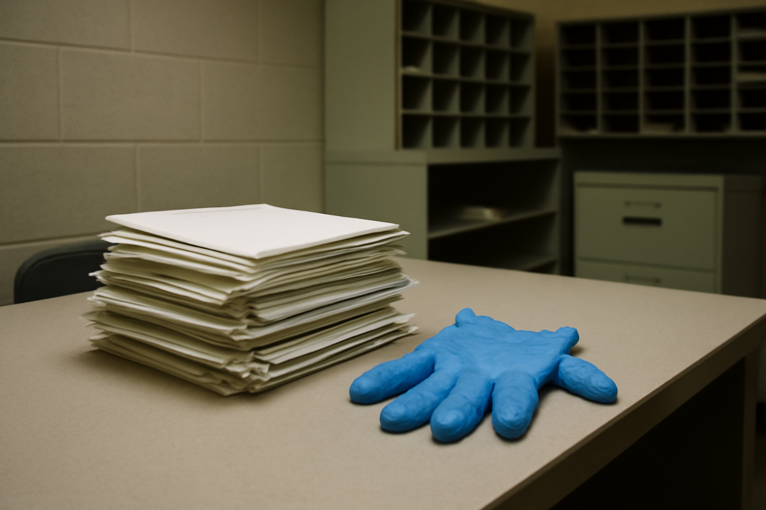 A stack of unopened envelopes on a government office desk next to a pair of blue nitrile gloves
