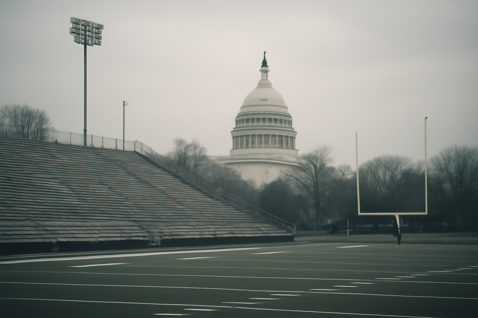 Empty college football stadium seats beneath a cloudy sky with the U.S. Capitol dome visible in the distance