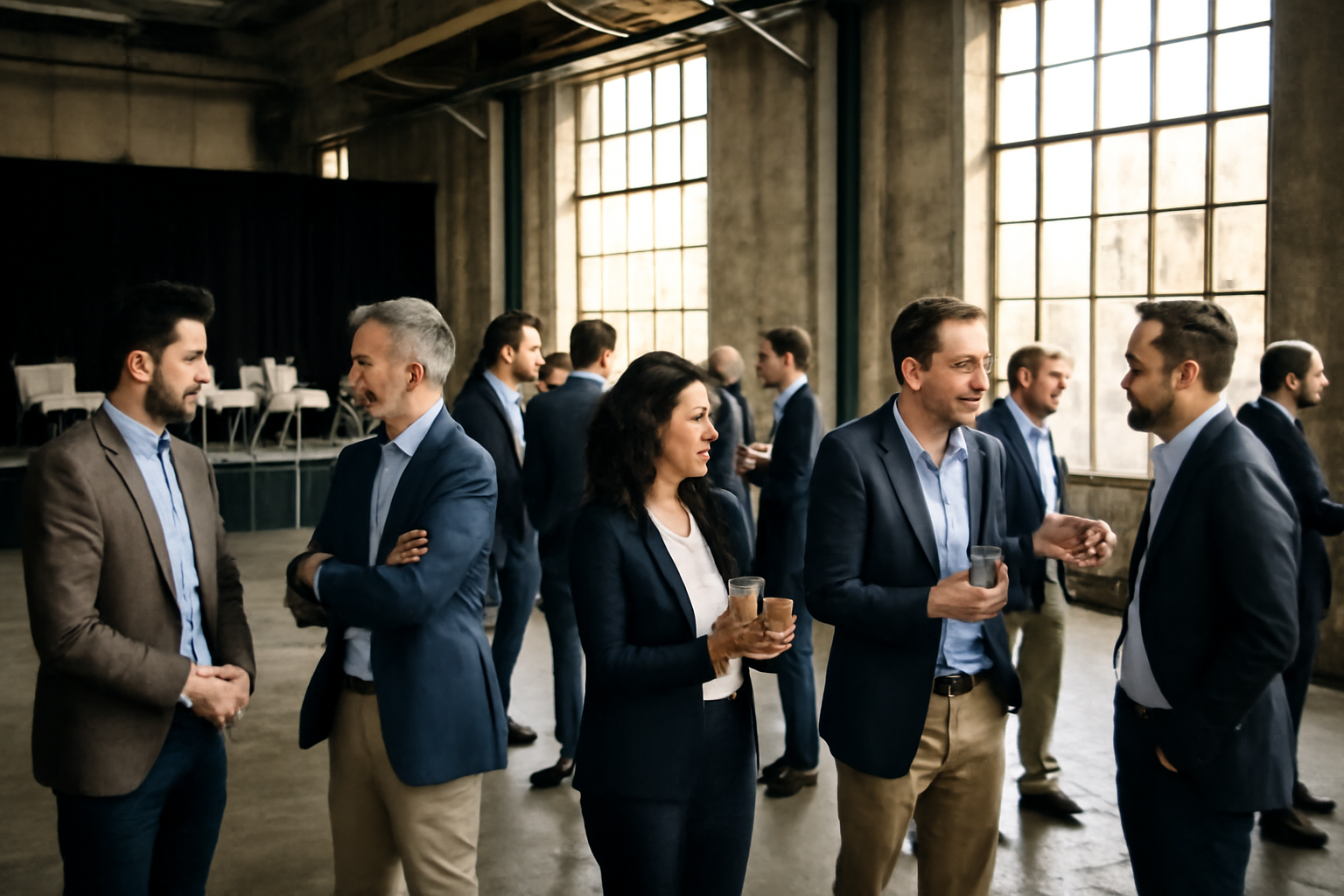 Conference attendees networking at a startup summit with a speaker panel in the background
