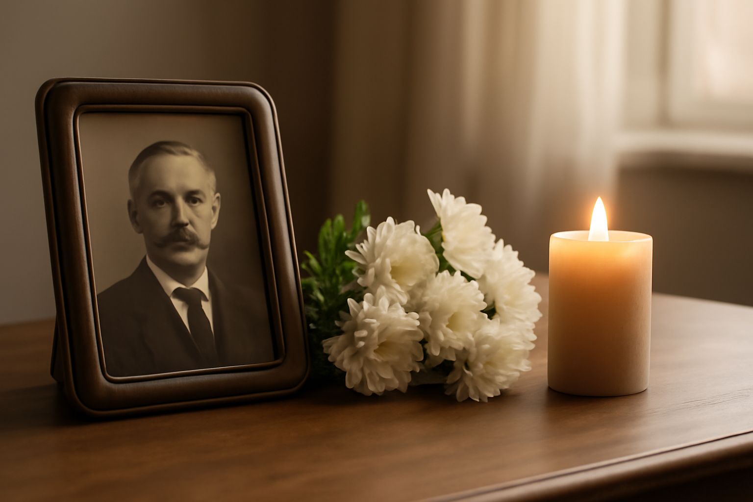 Framed photograph and flowers placed as a quiet tribute display