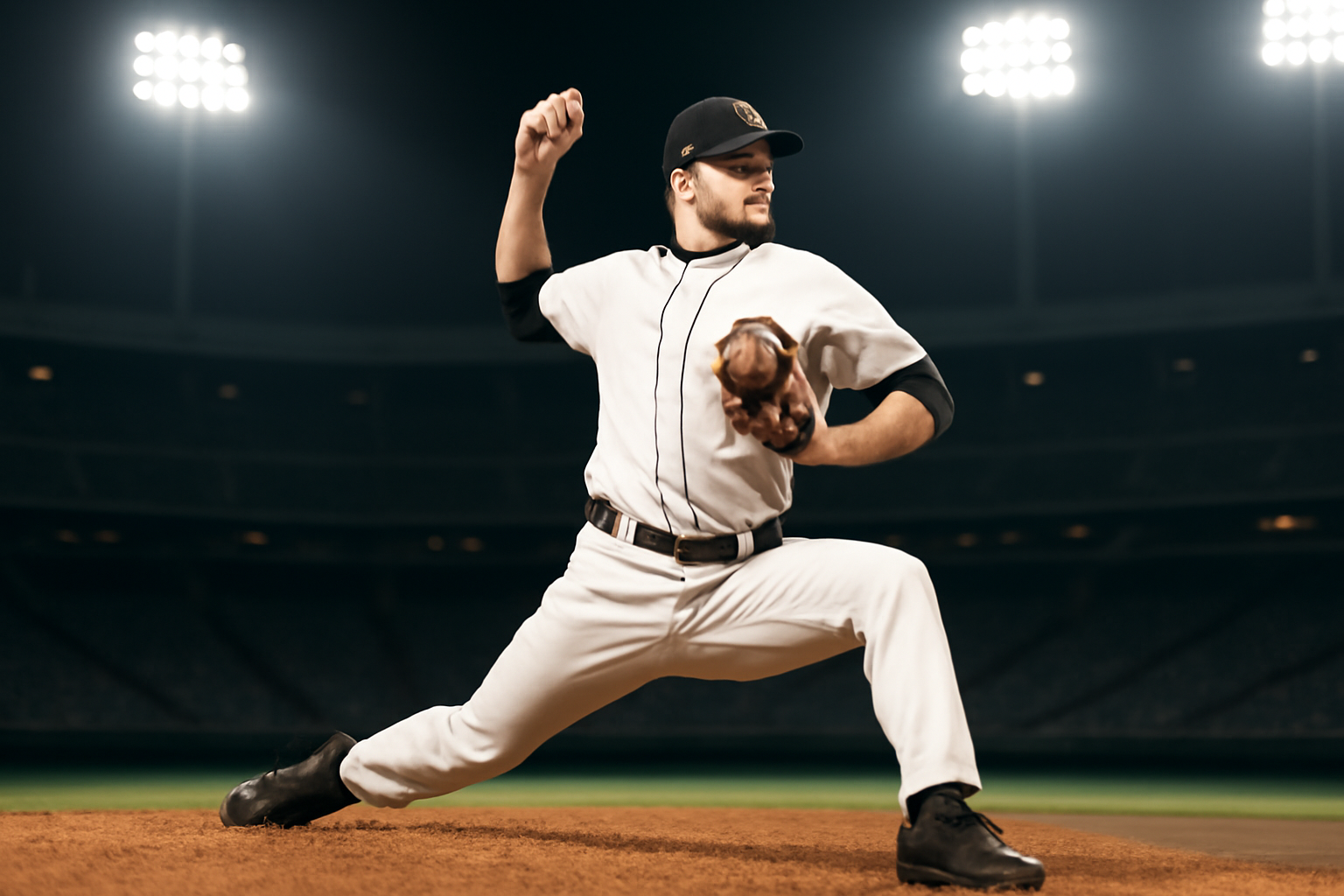 Baseball pitcher mid-windup under stadium lights with infield dirt visible