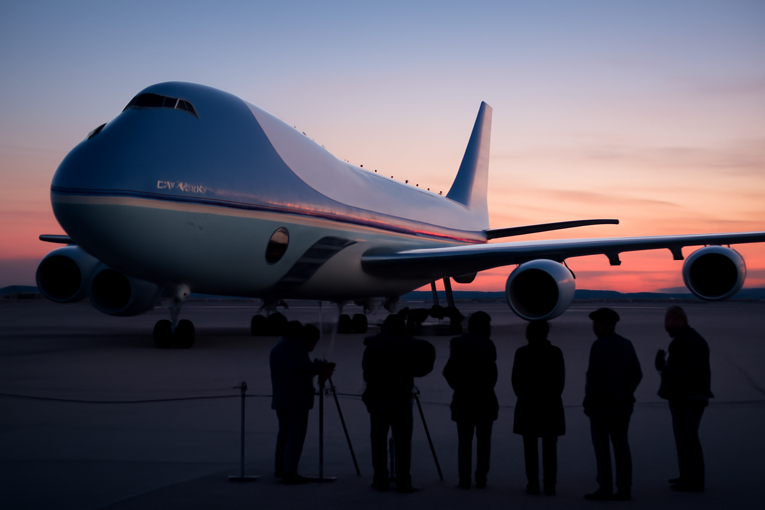 Air Force One parked on a tarmac with a television camera crew nearby