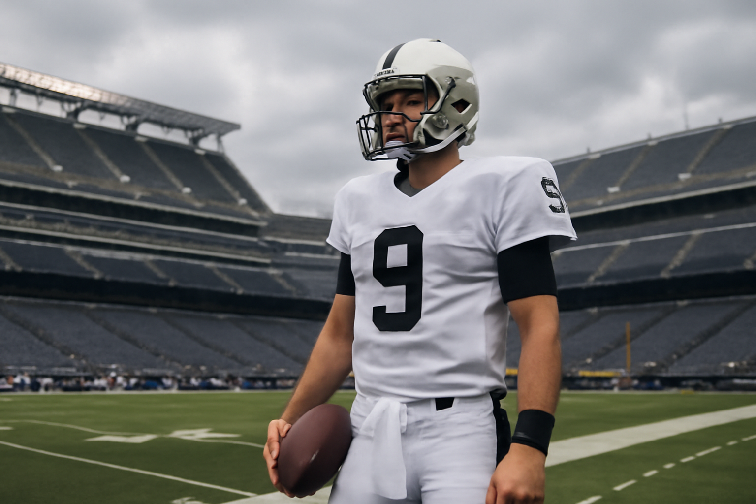 NFL quarterback in uniform standing on the sideline before a Sunday game