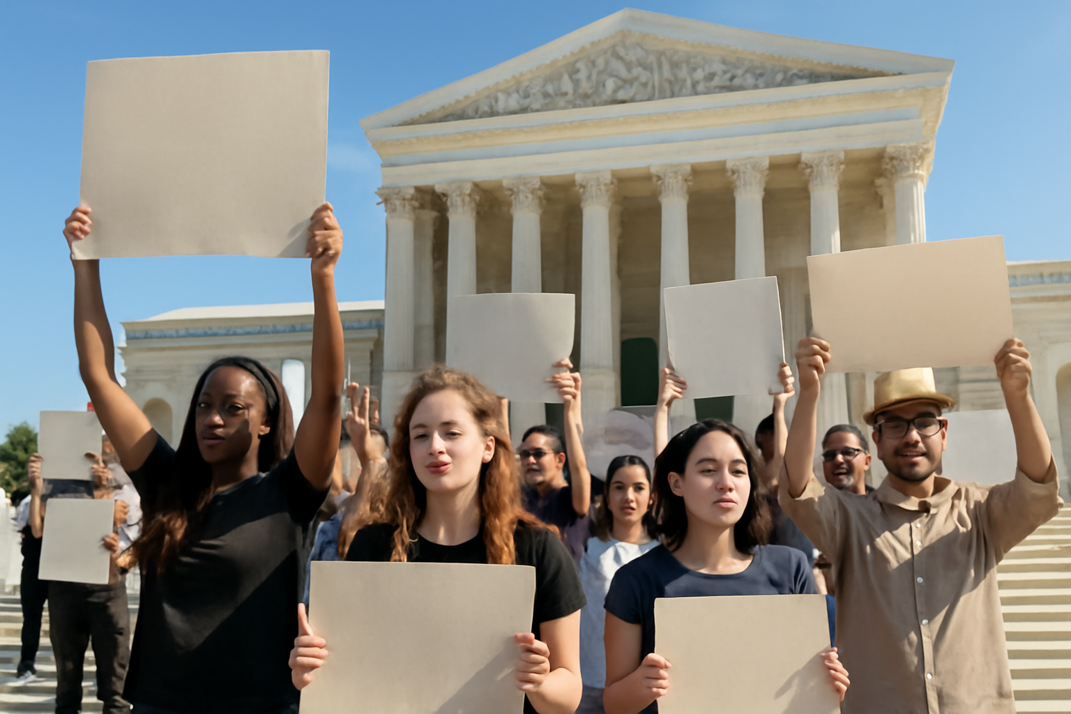 Protesters holding signs outside the Supreme Court building during oral arguments on an oil industry climate case